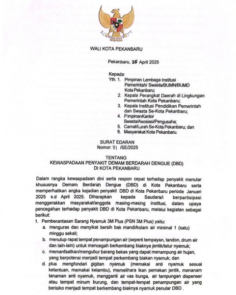 Tembus 351 Kasus, Wako Pekanbaru Terbitkan Edaran Waspada DBD
